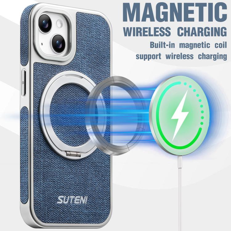 For iPhone 15 Suteni G6 Denim Pattern Electroplated 360 Rotation Holder Magnetic Phone Case