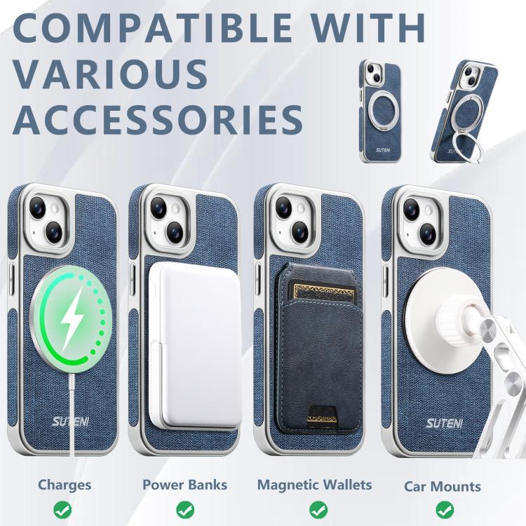 For iPhone 15 Suteni G6 Denim Pattern Electroplated 360 Rotation Holder Magnetic Phone Case