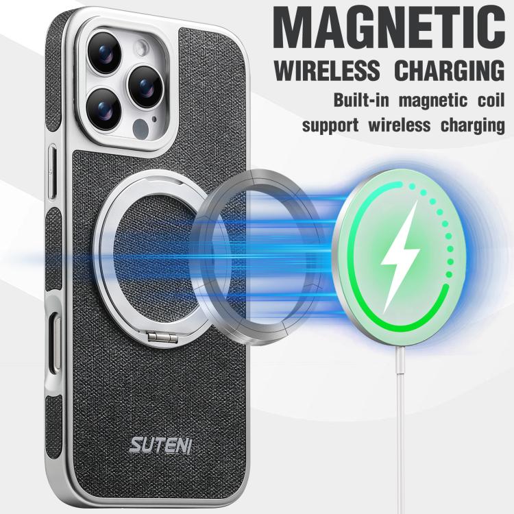 For iPhone 14 Pro Max Suteni G6 Denim Pattern Electroplated 360 Rotation Holder Magnetic Phone Case
