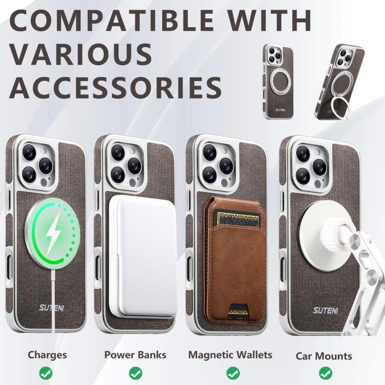 For iPhone 14 Pro Suteni G6 Denim Pattern Electroplated 360 Rotation Holder Magnetic Phone Case