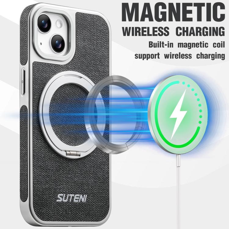 For iPhone 14 Suteni G6 Denim Pattern Electroplated 360 Rotation Holder Magnetic Phone Case