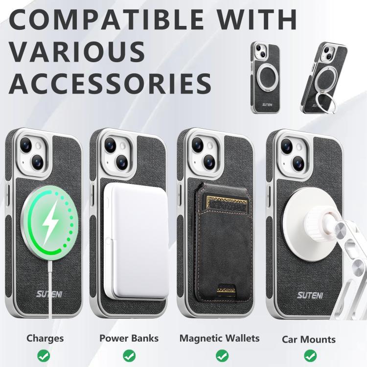 For iPhone 14 Suteni G6 Denim Pattern Electroplated 360 Rotation Holder Magnetic Phone Case