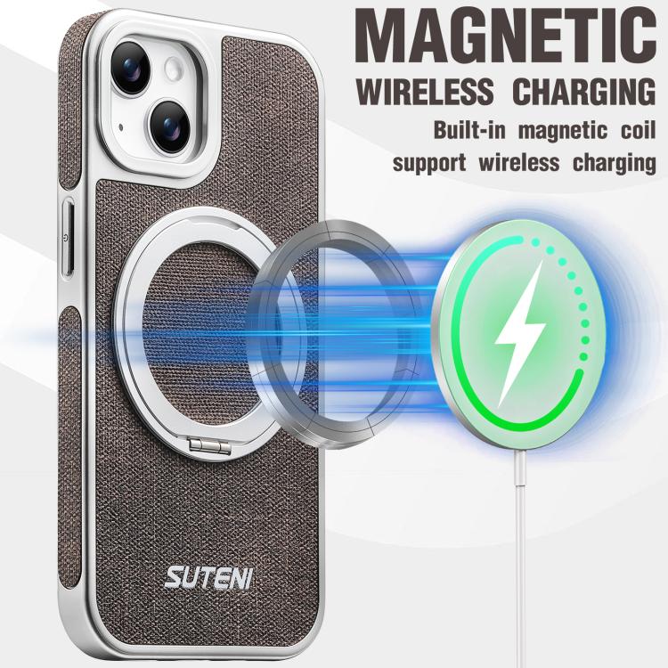 For iPhone 14 Suteni G6 Denim Pattern Electroplated 360 Rotation Holder Magnetic Phone Case