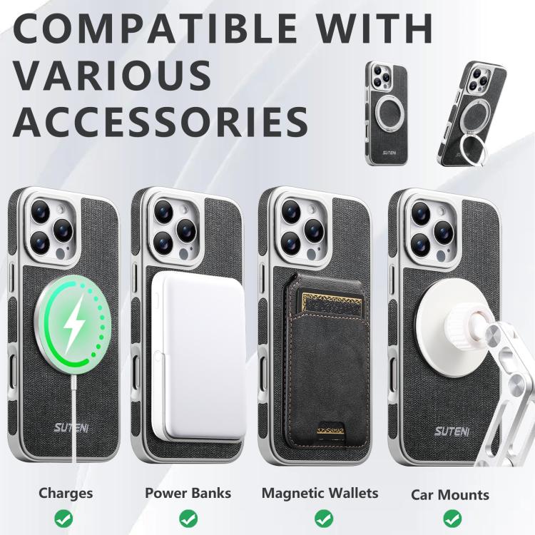 For iPhone 13 Pro Suteni G6 Denim Pattern Electroplated 360 Rotation Holder Magnetic Phone Case