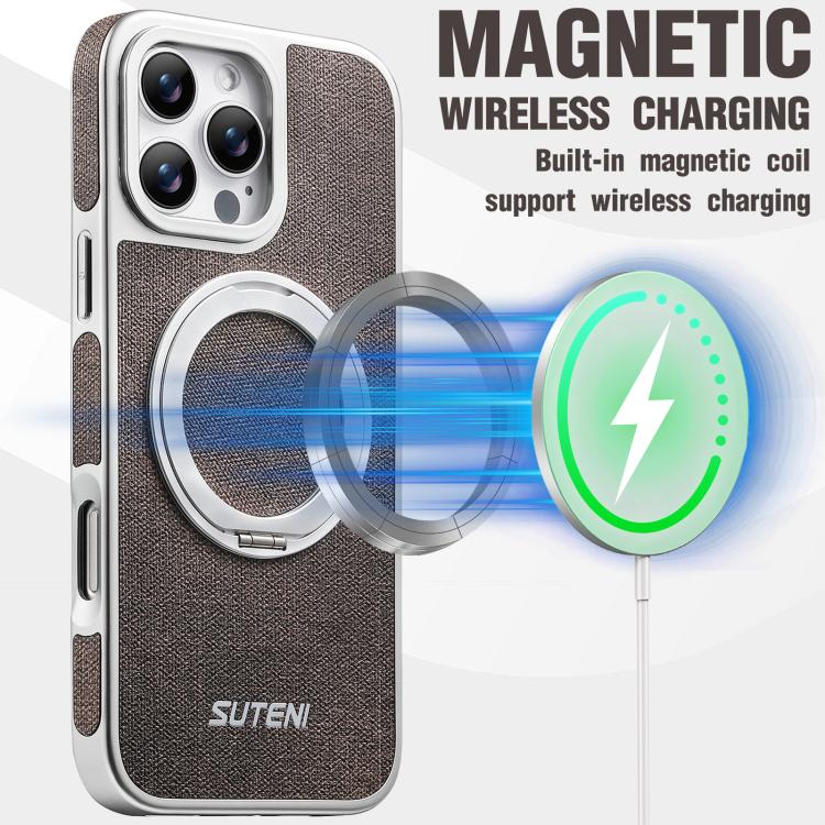 For iPhone 13 Pro Suteni G6 Denim Pattern Electroplated 360 Rotation Holder Magnetic Phone Case
