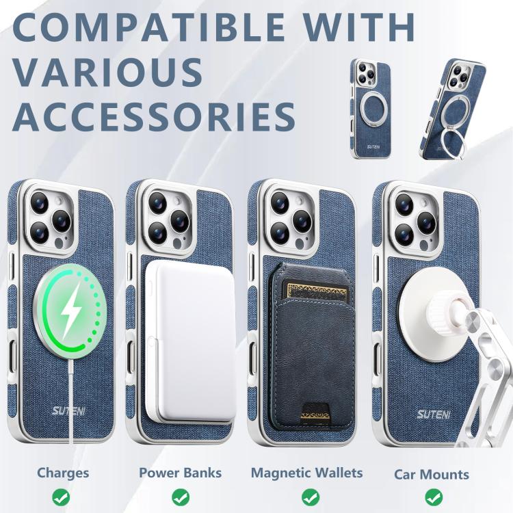 For iPhone 13 Pro Suteni G6 Denim Pattern Electroplated 360 Rotation Holder Magnetic Phone Case