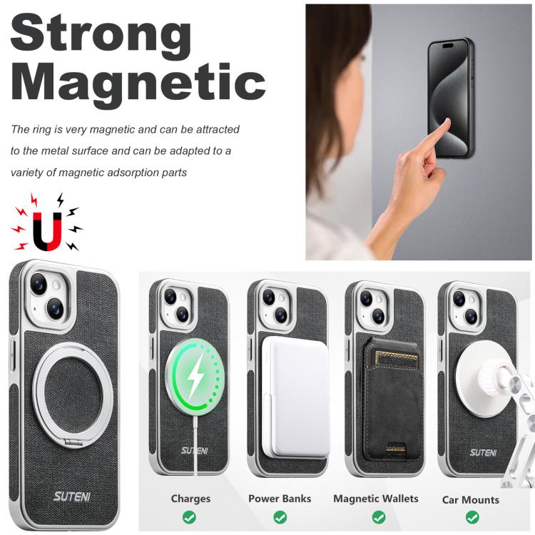 For iPhone 13 Suteni G6 Denim Pattern Electroplated 360 Rotation Holder Magnetic Phone Case