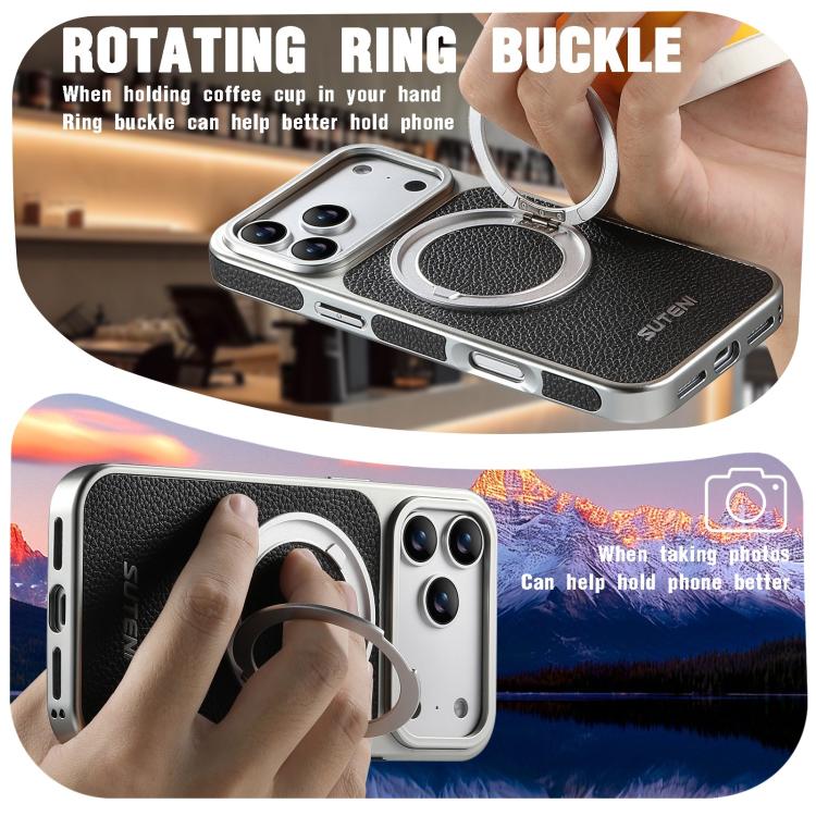 For iPhone 17 Pro Max Suteni G6 Large Litchi Texture Electroplated 360 Rotation Holder Magnetic Phone Case