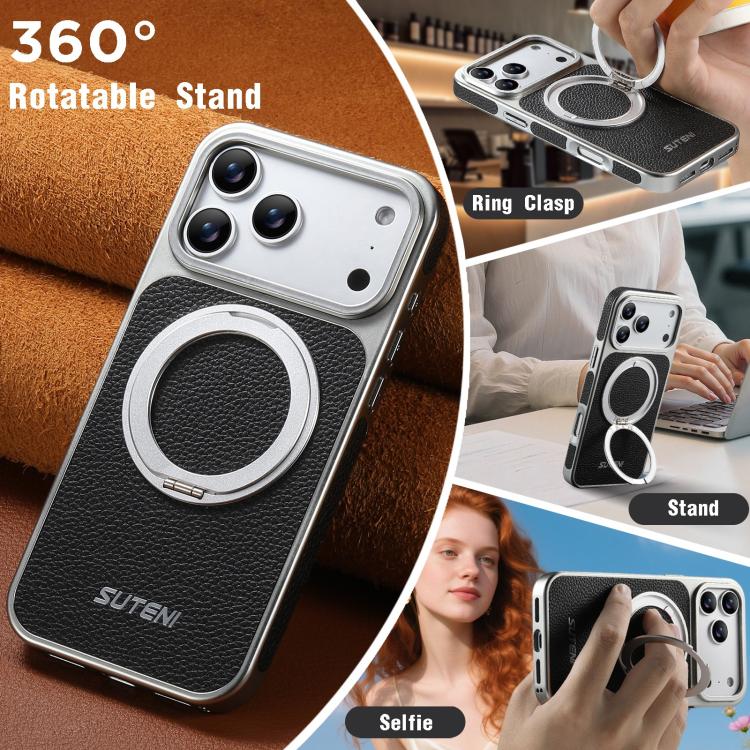 For iPhone 17 Pro Max Suteni G6 Large Litchi Texture Electroplated 360 Rotation Holder Magnetic Phone Case