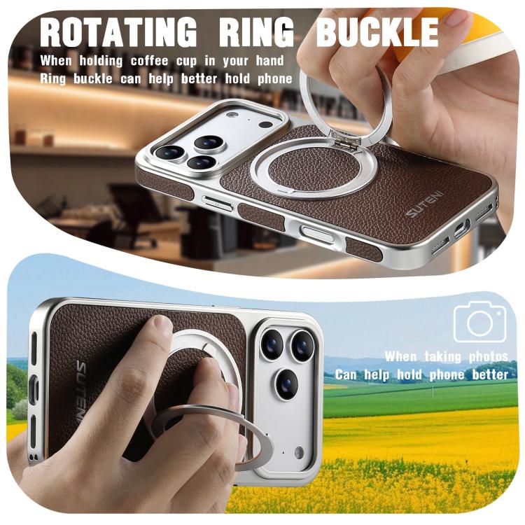 For iPhone 17 Pro Max Suteni G6 Large Litchi Texture Electroplated 360 Rotation Holder Magnetic Phone Case