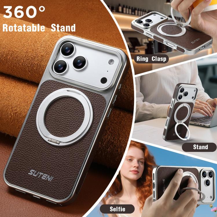For iPhone 17 Pro Max Suteni G6 Large Litchi Texture Electroplated 360 Rotation Holder Magnetic Phone Case