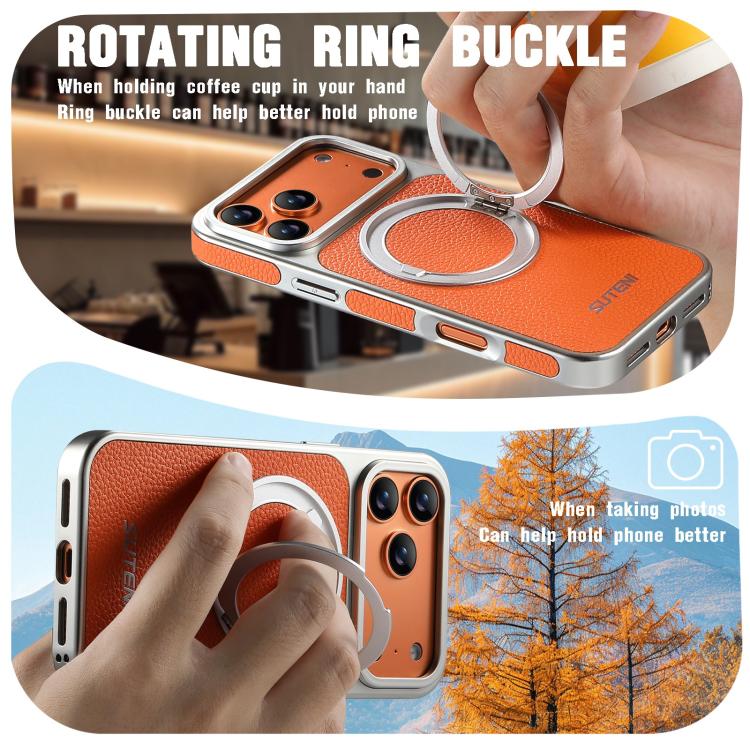 For iPhone 17 Pro Max Suteni G6 Large Litchi Texture Electroplated 360 Rotation Holder Magnetic Phone Case