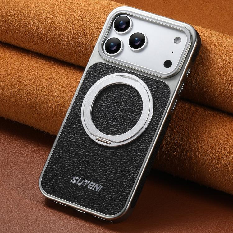 For iPhone 17 Pro Suteni G6 Large Litchi Texture Electroplated 360 Rotation Holder Magnetic Phone Case