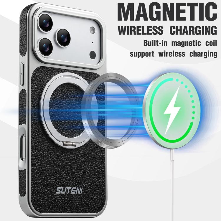 For iPhone 17 Pro Suteni G6 Large Litchi Texture Electroplated 360 Rotation Holder Magnetic Phone Case