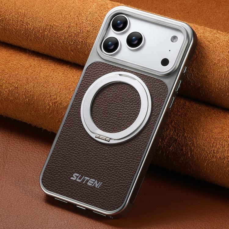 For iPhone 17 Pro Suteni G6 Large Litchi Texture Electroplated 360 Rotation Holder Magnetic Phone Case