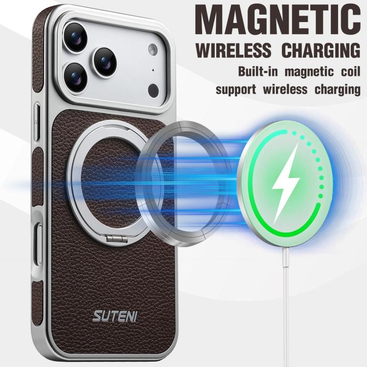 For iPhone 17 Pro Suteni G6 Large Litchi Texture Electroplated 360 Rotation Holder Magnetic Phone Case