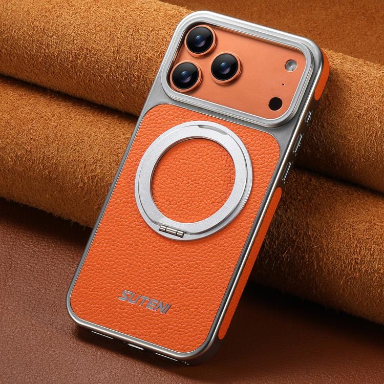 For iPhone 17 Pro Suteni G6 Large Litchi Texture Electroplated 360 Rotation Holder Magnetic Phone Case