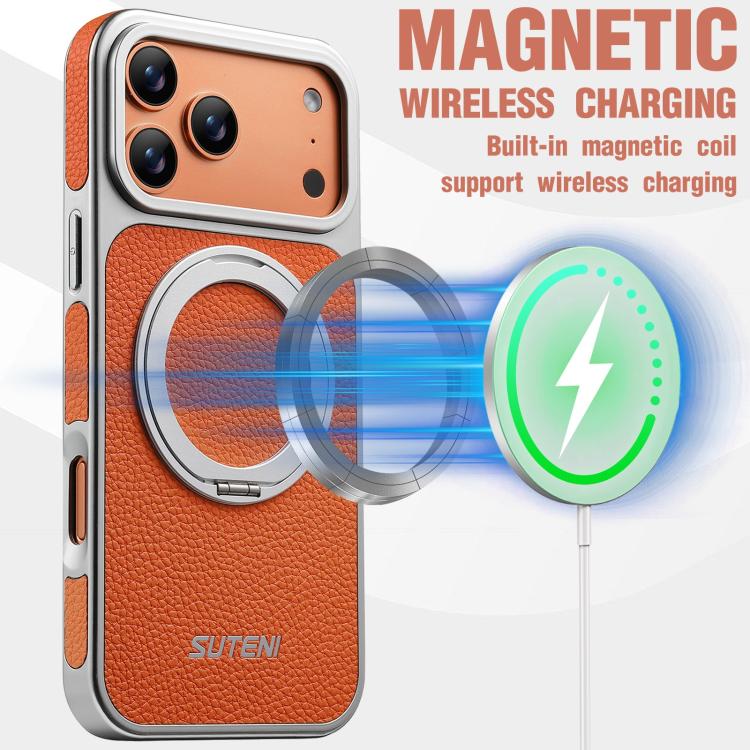 For iPhone 17 Pro Suteni G6 Large Litchi Texture Electroplated 360 Rotation Holder Magnetic Phone Case