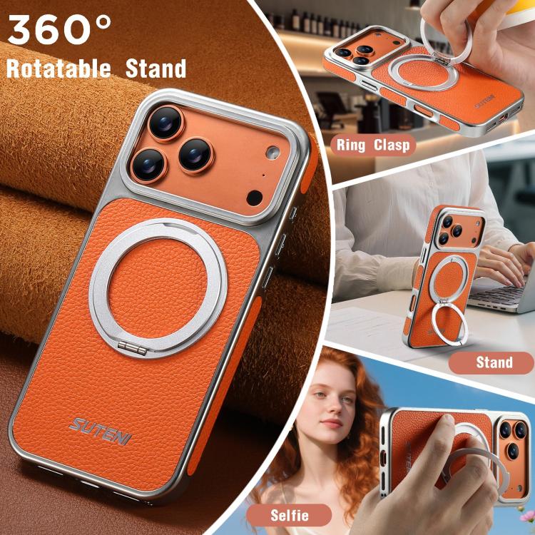 For iPhone 17 Pro Suteni G6 Large Litchi Texture Electroplated 360 Rotation Holder Magnetic Phone Case