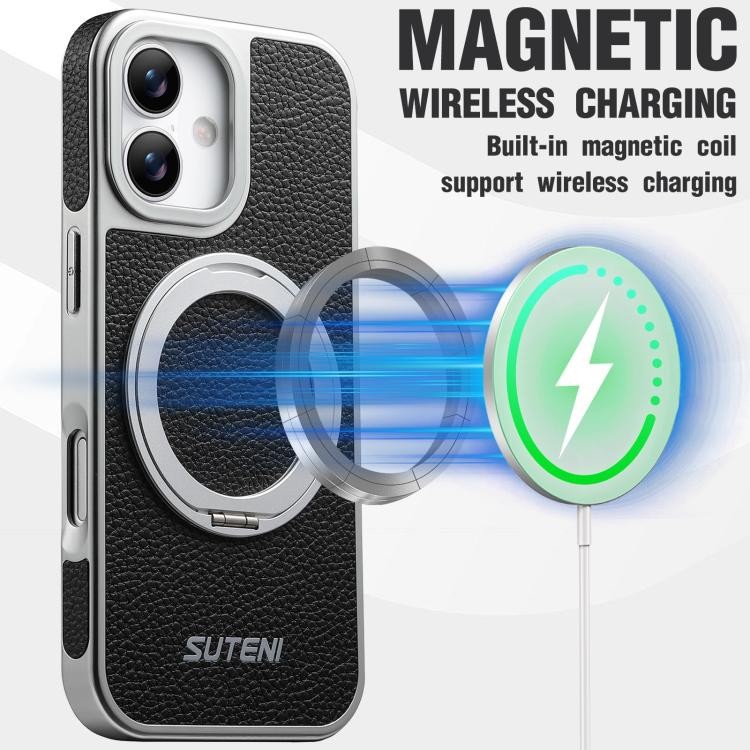 For iPhone 17 Suteni G6 Large Litchi Texture Electroplated 360 Rotation Holder Magnetic Phone Case