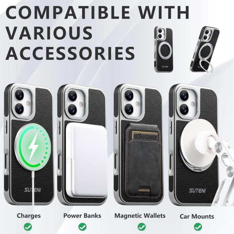 For iPhone 17 Suteni G6 Large Litchi Texture Electroplated 360 Rotation Holder Magnetic Phone Case