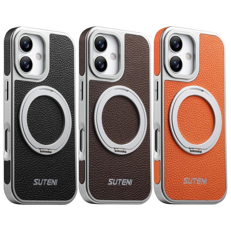 For iPhone 17 Suteni G6 Large Litchi Texture Electroplated 360 Rotation Holder Magnetic Phone Case