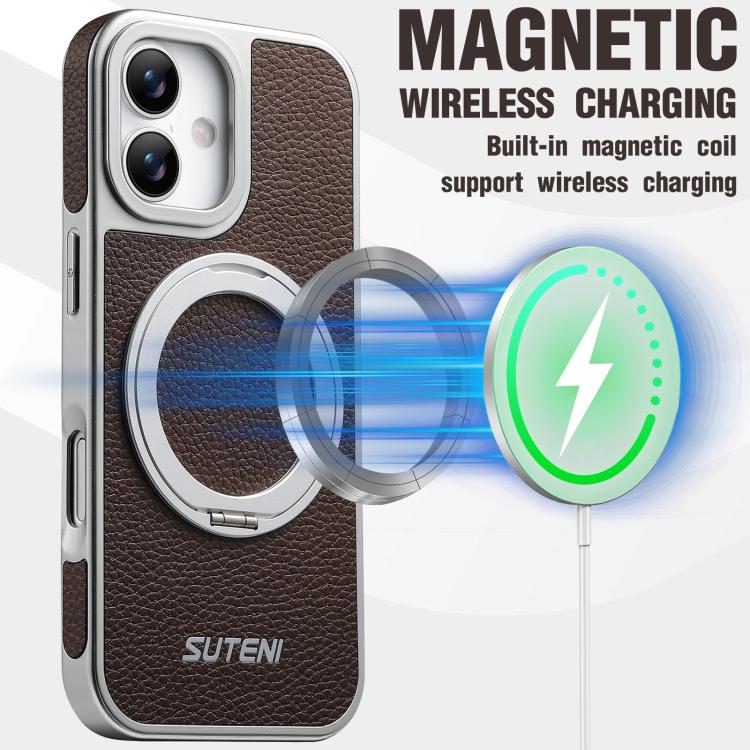 For iPhone 17 Suteni G6 Large Litchi Texture Electroplated 360 Rotation Holder Magnetic Phone Case