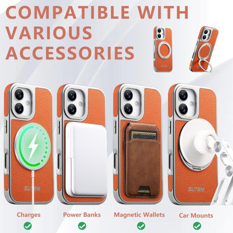 For iPhone 17 Suteni G6 Large Litchi Texture Electroplated 360 Rotation Holder Magnetic Phone Case