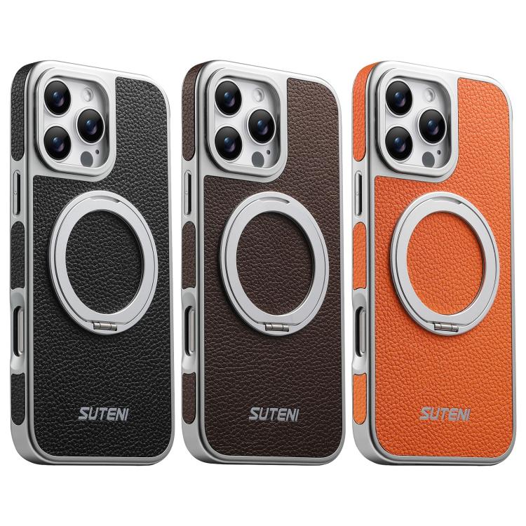 For iPhone 16 Pro Suteni G6 Large Litchi Texture Electroplated 360 Rotation Holder Magnetic Phone Case