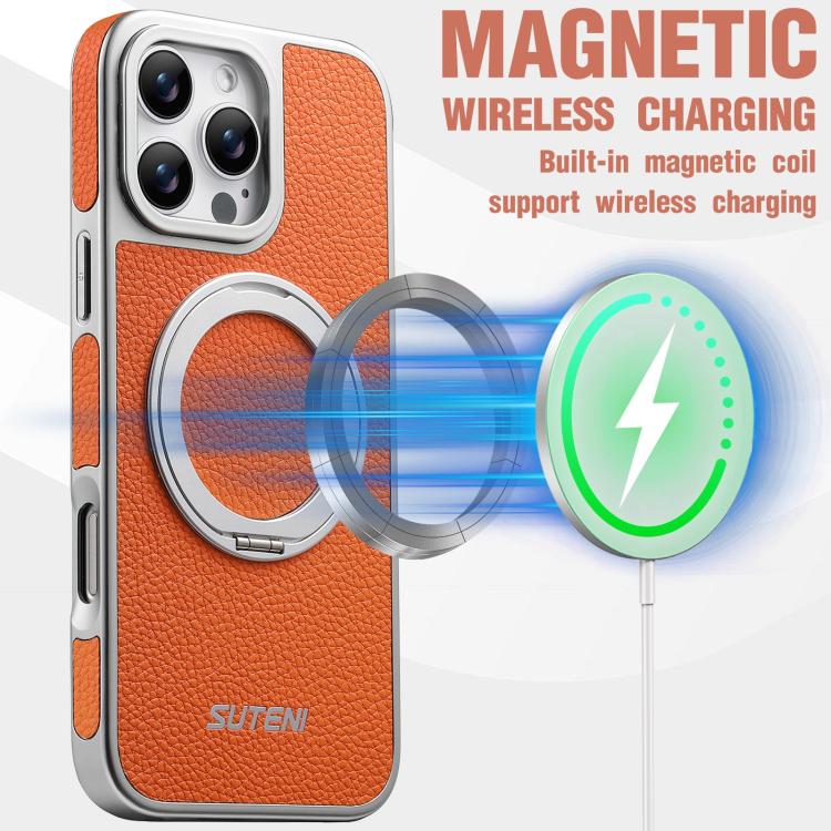 For iPhone 16 Pro Suteni G6 Large Litchi Texture Electroplated 360 Rotation Holder Magnetic Phone Case