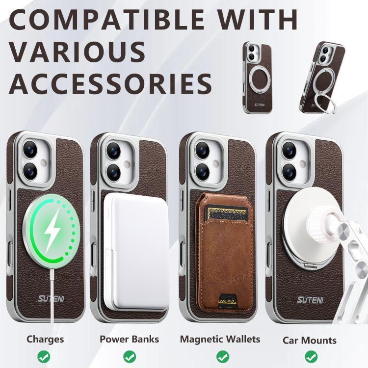 For iPhone 16 Suteni G6 Large Litchi Texture Electroplated 360 Rotation Holder Magnetic Phone Case