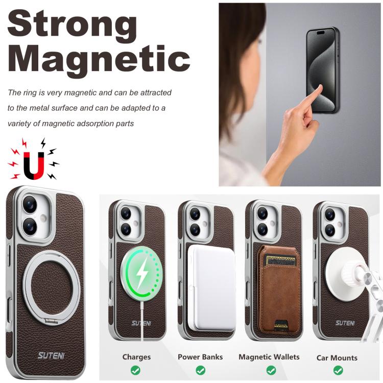 For iPhone 16 Suteni G6 Large Litchi Texture Electroplated 360 Rotation Holder Magnetic Phone Case