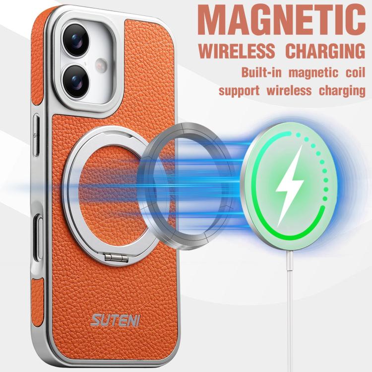 For iPhone 16 Suteni G6 Large Litchi Texture Electroplated 360 Rotation Holder Magnetic Phone Case