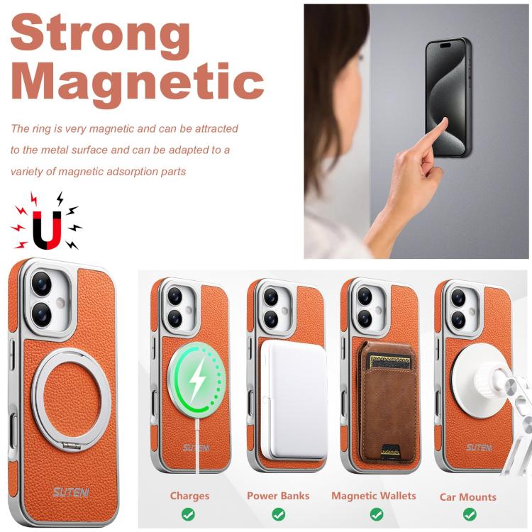 For iPhone 16 Suteni G6 Large Litchi Texture Electroplated 360 Rotation Holder Magnetic Phone Case
