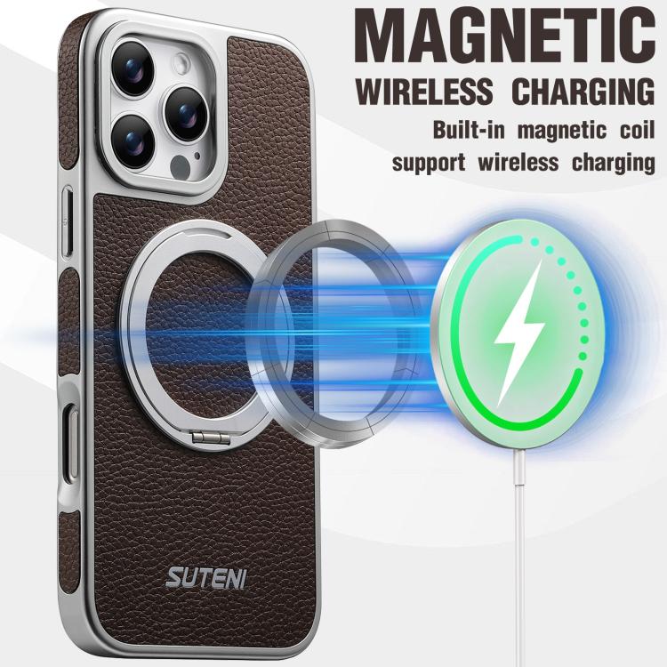 For iPhone 15 Pro Max Suteni G6 Large Litchi Texture Electroplated 360 Rotation Holder Magnetic Phone Case