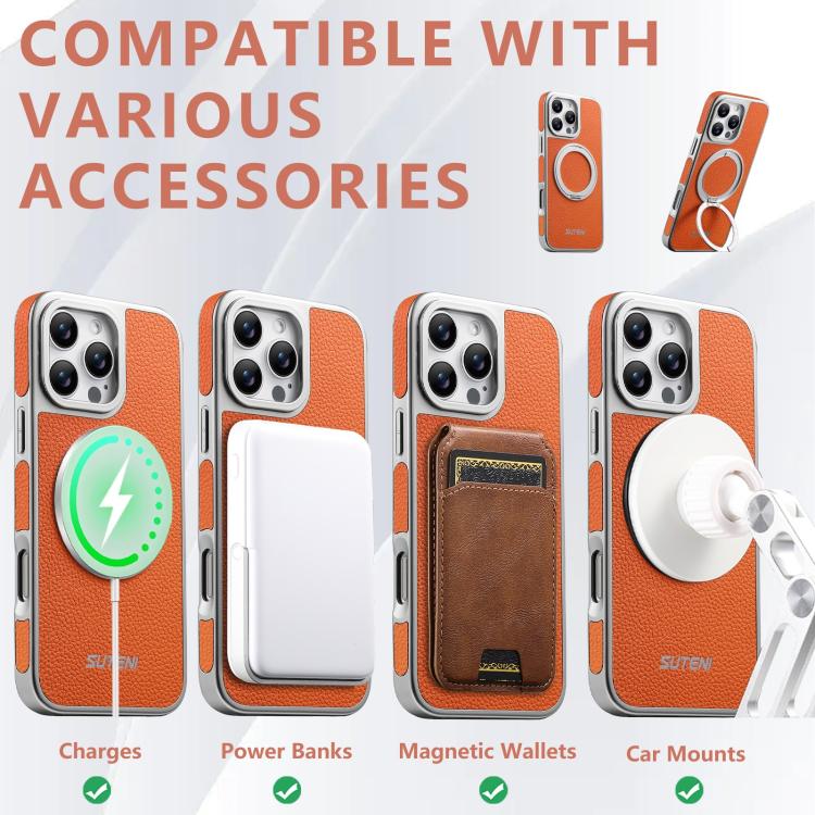 For iPhone 15 Pro Max Suteni G6 Large Litchi Texture Electroplated 360 Rotation Holder Magnetic Phone Case
