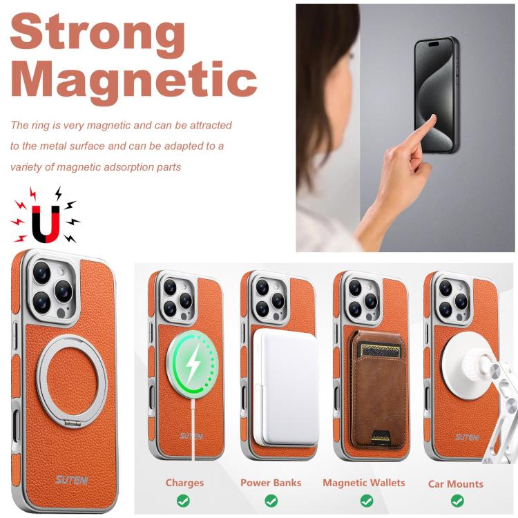 For iPhone 15 Pro Suteni G6 Large Litchi Texture Electroplated 360 Rotation Holder Magnetic Phone Case
