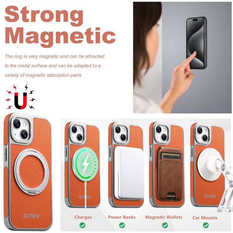 For iPhone 15 Suteni G6 Large Litchi Texture Electroplated 360 Rotation Holder Magnetic Phone Case