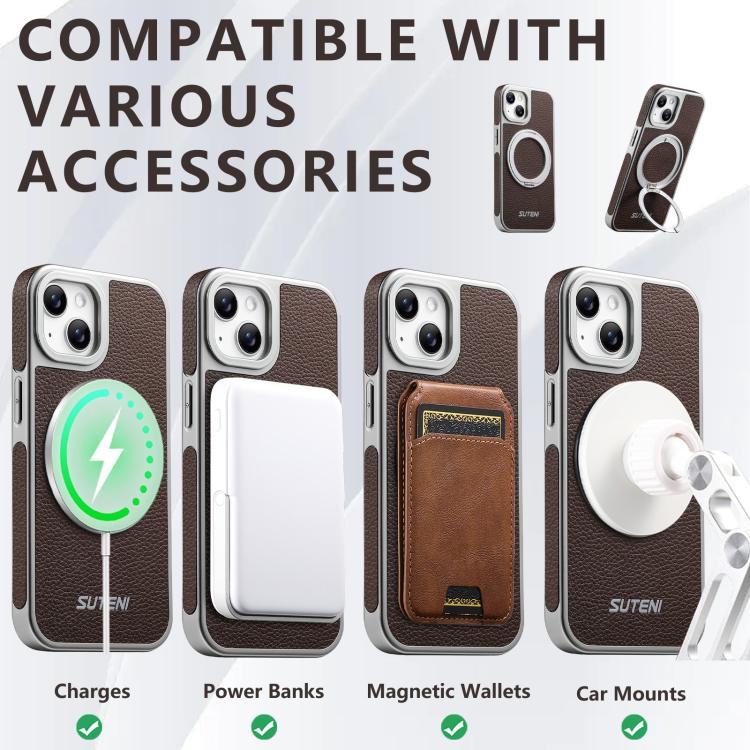 For iPhone 14 Suteni G6 Large Litchi Texture Electroplated 360 Rotation Holder Magnetic Phone Case