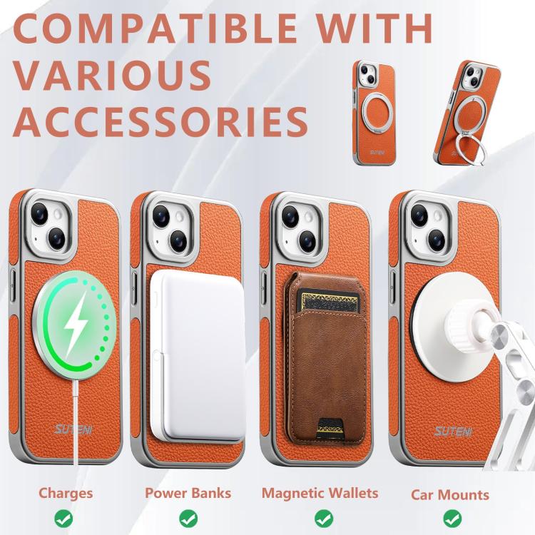 For iPhone 14 Suteni G6 Large Litchi Texture Electroplated 360 Rotation Holder Magnetic Phone Case