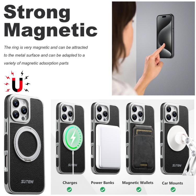 For iPhone 14 Pro Suteni G6 Large Litchi Texture Electroplated 360 Rotation Holder Magnetic Phone Case