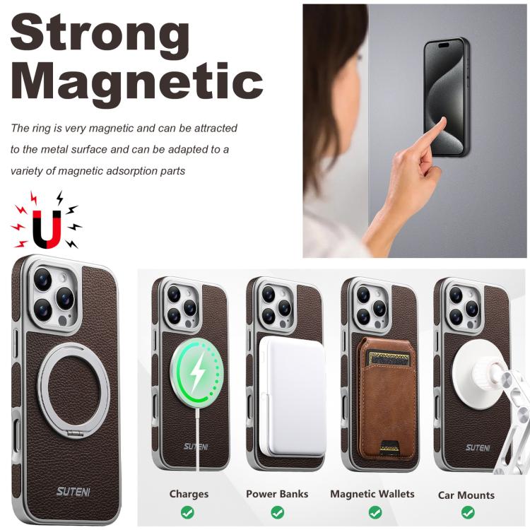 For iPhone 14 Pro Max Suteni G6 Large Litchi Texture Electroplated 360 Rotation Holder Magnetic Phone Case