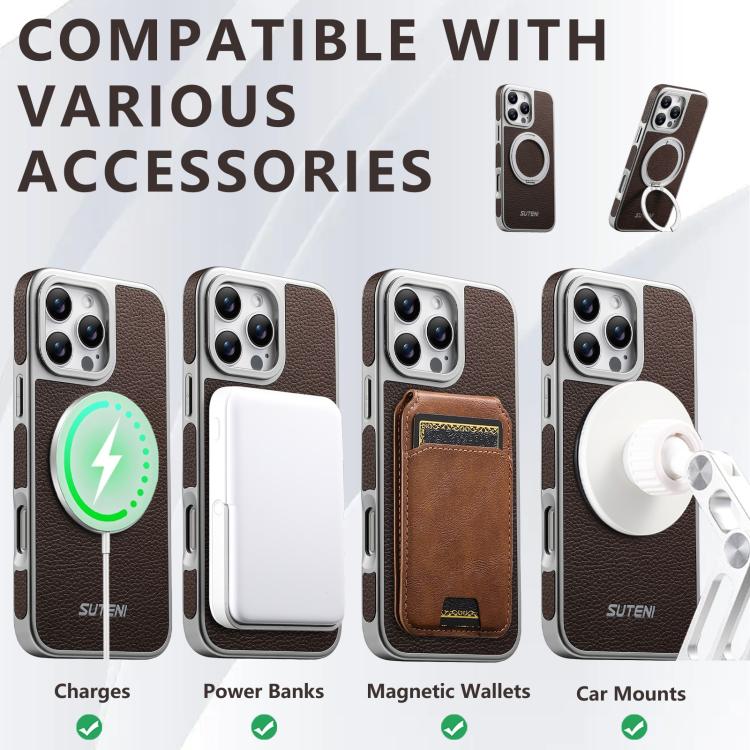 For iPhone 13 Pro Max Suteni G6 Large Litchi Texture Electroplated 360 Rotation Holder Magnetic Phone Case