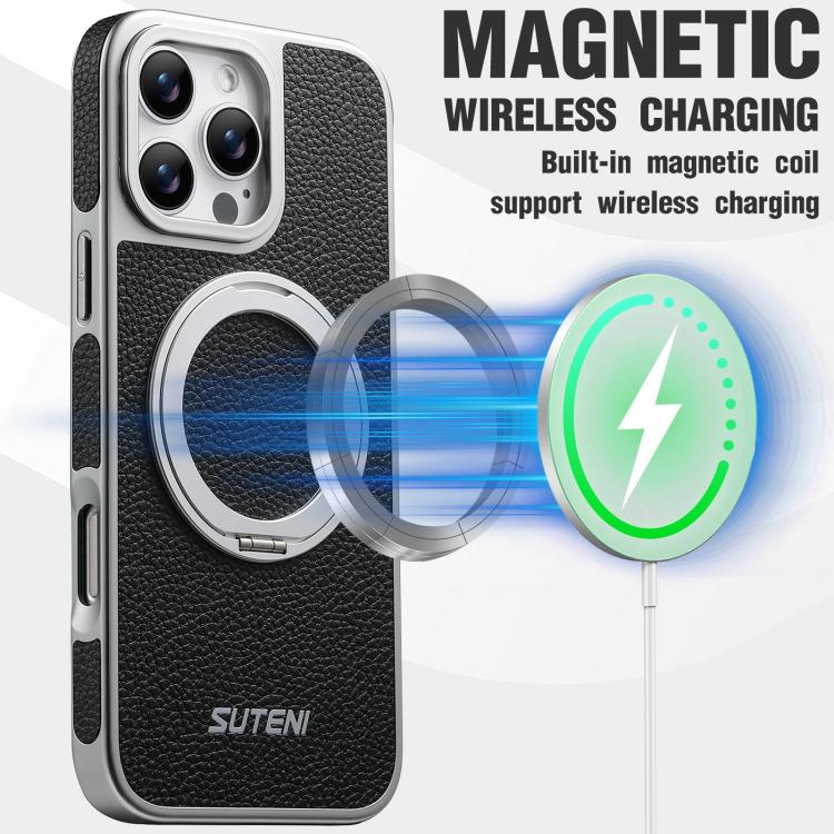 For iPhone 13 Pro Suteni G6 Large Litchi Texture Electroplated 360 Rotation Holder Magnetic Phone Case