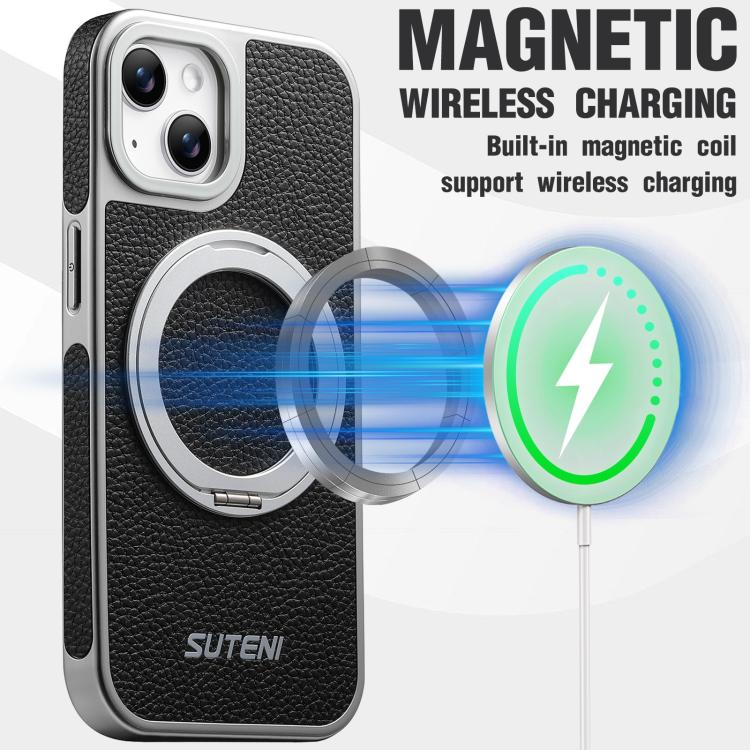 For iPhone 13 Suteni G6 Large Litchi Texture Electroplated 360 Rotation Holder Magnetic Phone Case