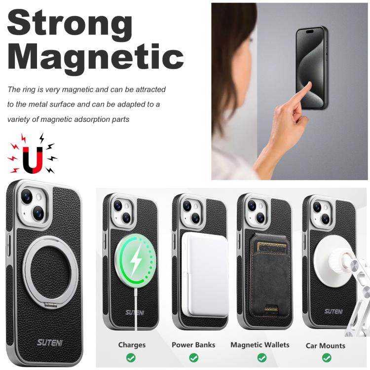 For iPhone 13 Suteni G6 Large Litchi Texture Electroplated 360 Rotation Holder Magnetic Phone Case