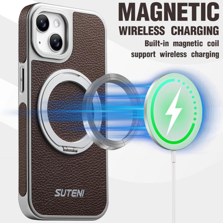 For iPhone 13 Suteni G6 Large Litchi Texture Electroplated 360 Rotation Holder Magnetic Phone Case