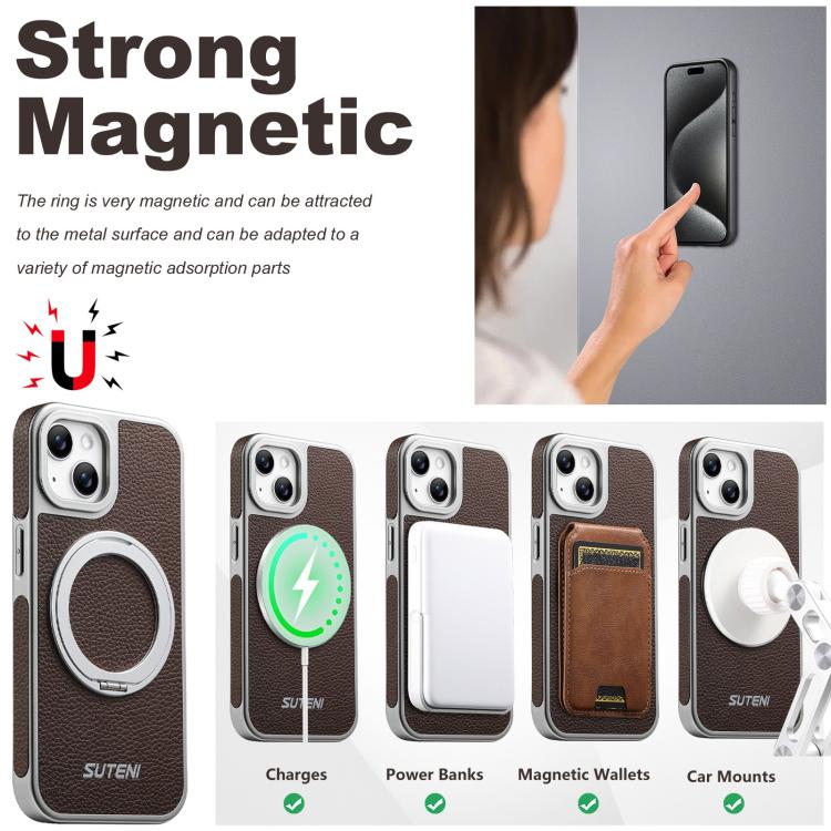 For iPhone 13 Suteni G6 Large Litchi Texture Electroplated 360 Rotation Holder Magnetic Phone Case