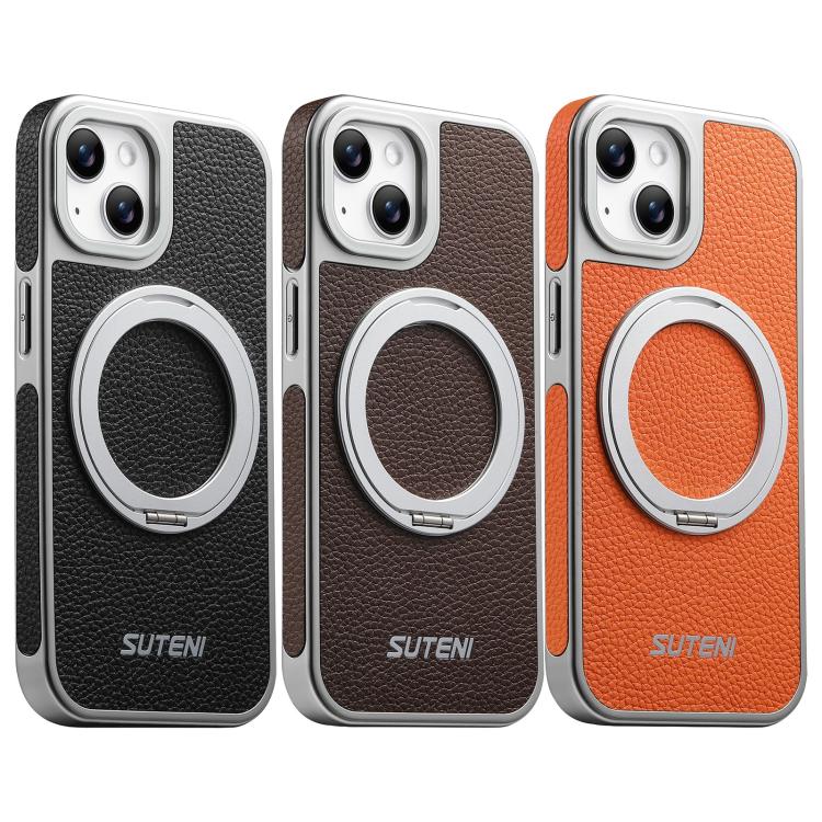 For iPhone 13 Suteni G6 Large Litchi Texture Electroplated 360 Rotation Holder Magnetic Phone Case