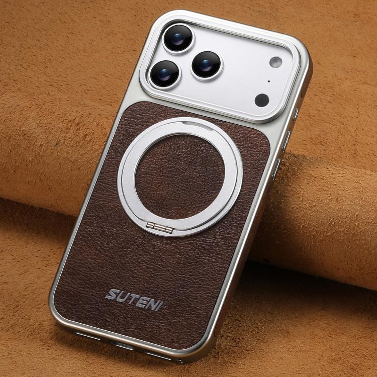 For iPhone 17 Pro Suteni G6 Crazy Horse Texture Electroplated 360 Rotation Holder Magnetic Phone Case